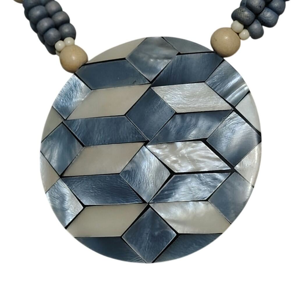 Vintage Blue Beige Mother of Pearl Pendant on Beaded Statement Necklace